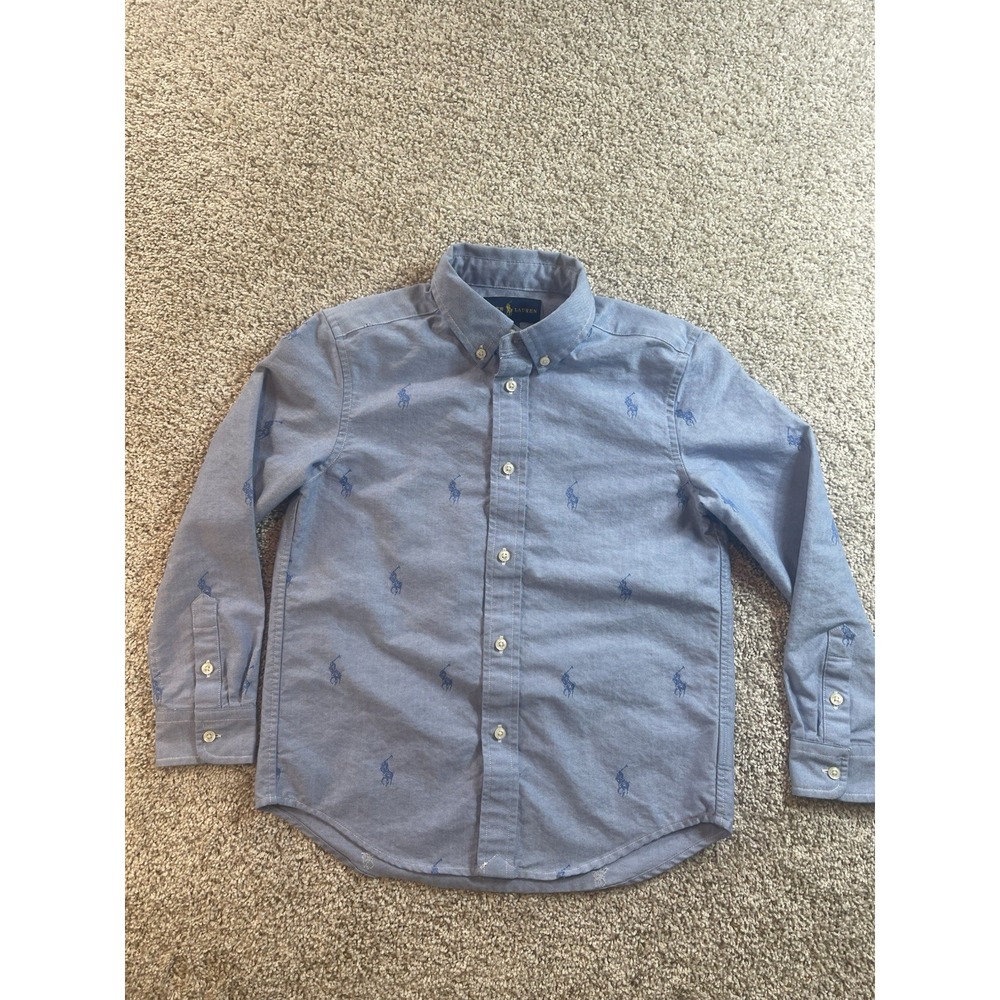Ralph Lauren Boys All Over Print Polo Logo Button Down Shirt Sz 7 Oxford Preppy